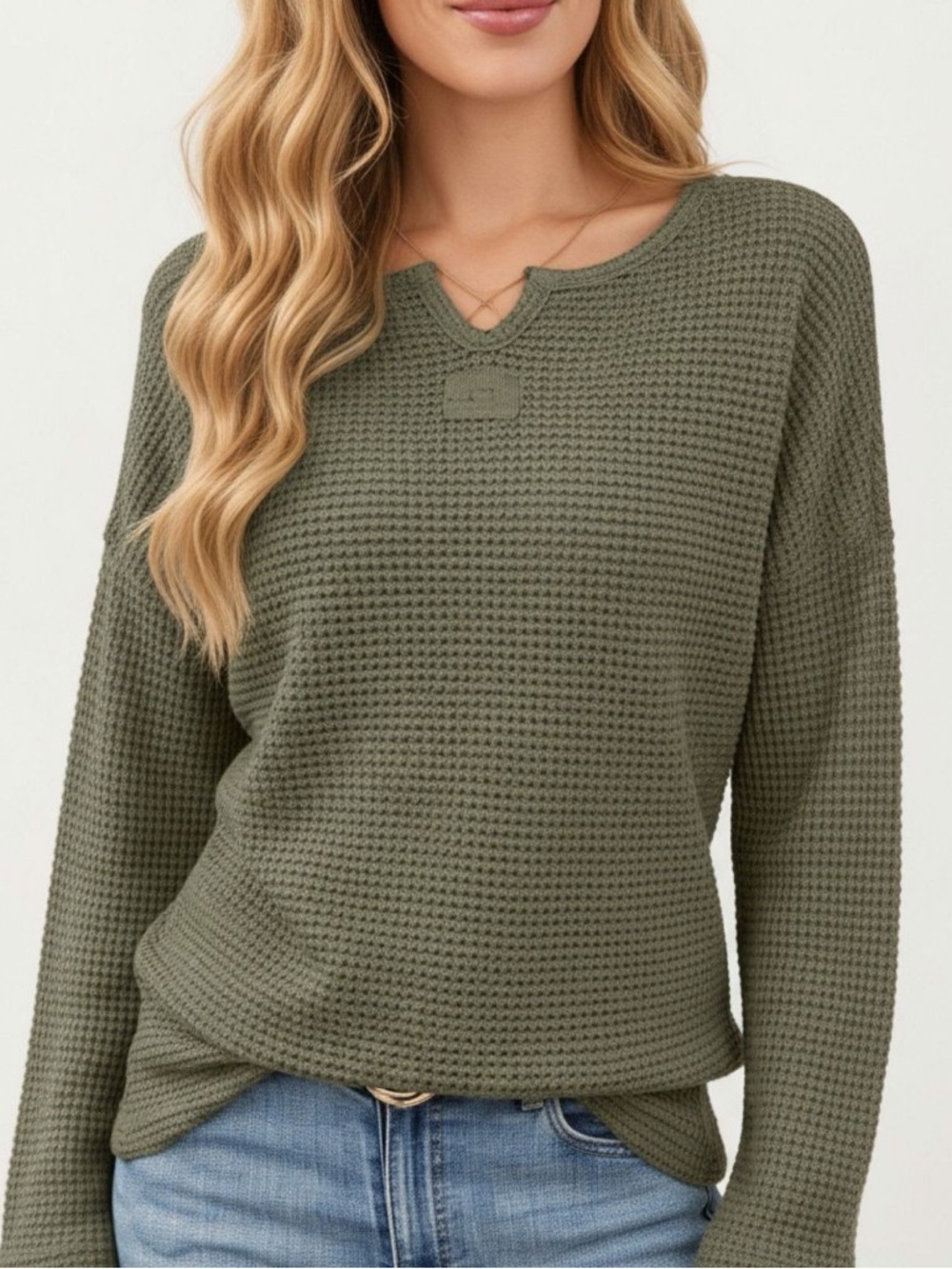 Waffle-Knit Scoop-Neck Sweater in Olive Green
